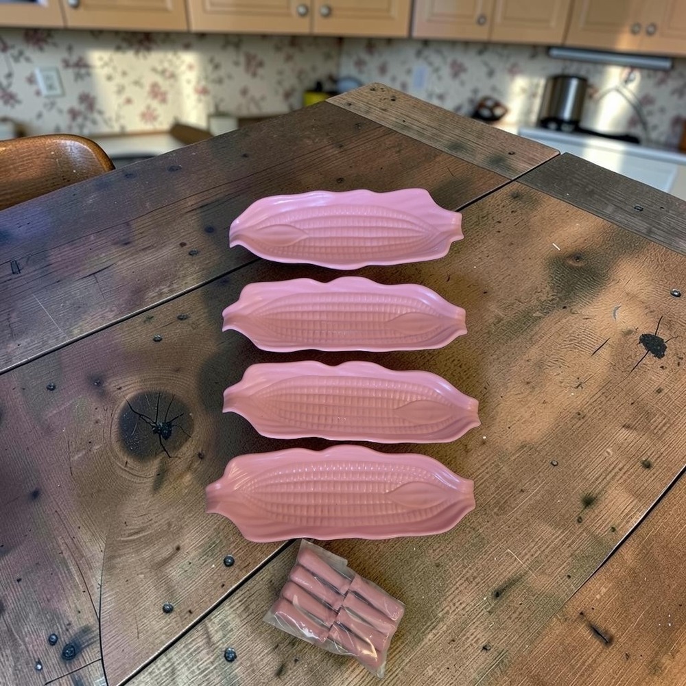 NWT Vintage set of 4 Pink Plastic corn on the cobb holders with Skewers